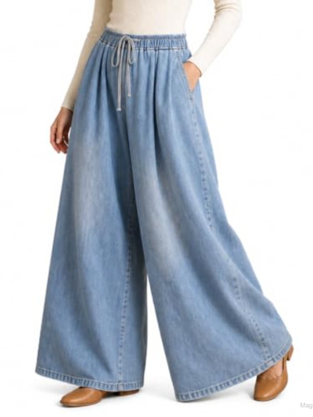 Wide Leg Jeans with Drawstring Waist and Pockets